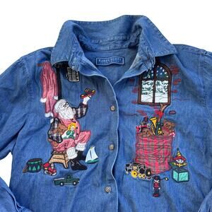 Karen Scott Christmas Denim Embroidered Button Down Long Sleeve Shirt Jacket M